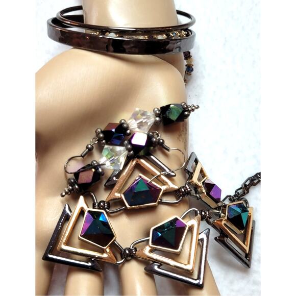 Iridescent Rainbow Titanium Necklace Earring Bracelet Futuristic Cyberpunk Boho - Picture 4 of 8